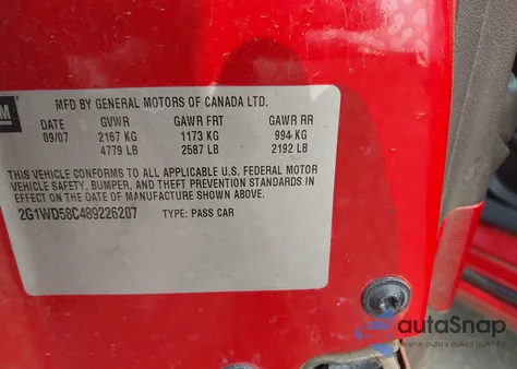 2008 Chevrolet Impala Ss from USA, damaged, VIN 2G1WD58C489226207